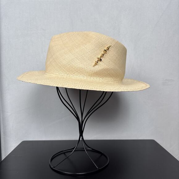 Van Palma Accessories - Van Palma Diana Panama Hat Small Ecru Straw Handwoven Gold-Plated Brooch Classic